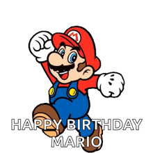 a cartoon of mario is jumping in the air with the words happy birthday mario below him