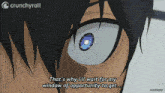 a close up of a person 's eye with crunchyroll written on the bottom right