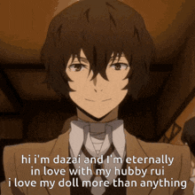 a man in a suit says hi i 'm dazai and i 'm eternally in love