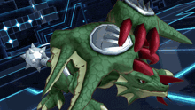 a green dragon with red spikes and a silver shield on its back