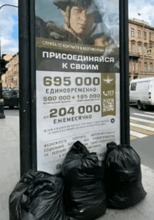 a sign that says 693 000 on it is surrounded by garbage bags