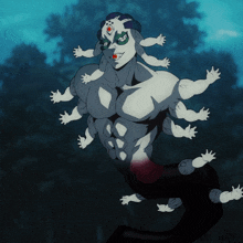 a cartoon drawing of a man with many hands and red eyes