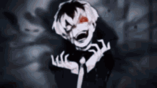 a cartoon character with red eyes is screaming in the dark