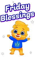 a cartoon lion wearing a blue shirt with a crown on it says friday blessings