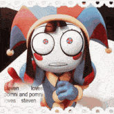 a cartoon character with the words " steven loves pommi and pommi loves steven " below it