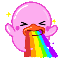 a pink duck with a rainbow coming out of its beak