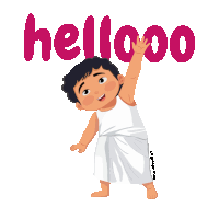 a cartoon drawing of a boy waving with the word hellooo in the background