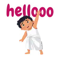 a cartoon drawing of a boy waving with the word hellooo in the background