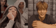a group of people are posing for a picture and one of them is making a face