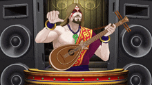 a man playing a guitar in front of speakers with the letter f on his chest