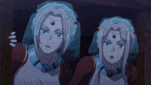 two anime characters are standing next to each other with one wearing a blue veil