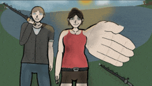 a drawing of a man holding a fishing rod and a woman holding a hand