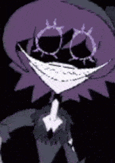 a cartoon character with purple hair and a big smile on his face is wearing a mask .