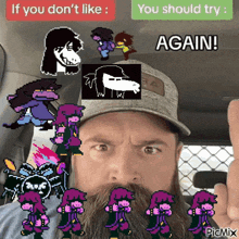 a man with a beard is wearing a hat and has a bunch of pixel art characters on his face .