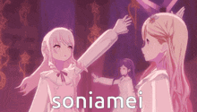 a group of anime girls standing next to each other with the word soniamei on the bottom right