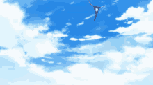 a man in a suit is flying through a blue sky with white clouds
