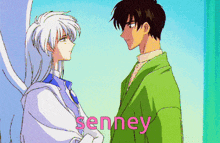 a couple of anime characters standing next to each other with the word semney in the upper right corner