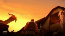 a cartoon of a man standing in front of a building with a dragon flying in the background .