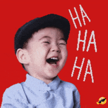 a little boy is laughing with the words ha ha ha written on the red background