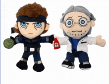a stuffed toy of snake and a stuffed toy of a man holding a bottle with the letter b on it