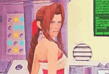 a cartoon character with long hair is standing in front of a computer screen .