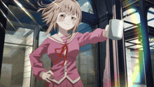 a girl in a pink uniform is holding a cup