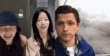 a man in a blue jacket is next to two women