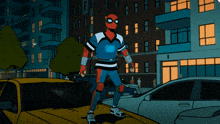 a cartoon of a man in a spiderman costume hanging from a rope