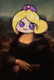 a cartoon of a girl with a purple hat on her head is sitting in front of a painting of the mona lisa .