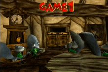 a cartoon scene with a game 1 sign above it