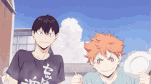 two anime characters are standing next to each other and one of them is wearing a black shirt with chinese writing on it