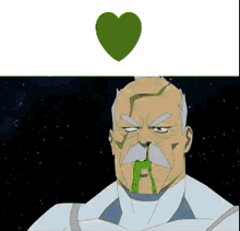 a man with a mustache and a green heart above his head