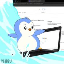 a cartoon of a penguin holding a laptop that says google on it