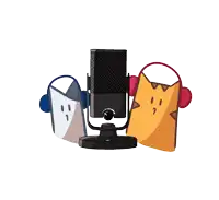 a cartoon drawing of a microphone with two ghosts wearing headphones