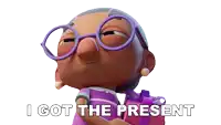 a cartoon character holding a pink gift box with the words i got the present written below it