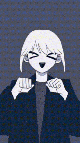 a cartoon character with white hair and a black jacket is making a face .
