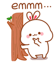 a cartoon character with bunny ears is standing next to a tree stump and says " emmm "