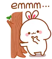 a cartoon character with bunny ears is standing next to a tree stump and says " emmm "