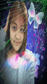 a girl stands in front of a butterfly and flowers in a purple background
