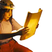 a woman wearing a hard hat is holding a large piece of paper