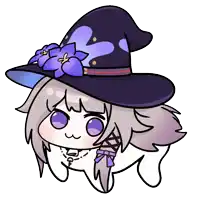 a cartoon drawing of a witch with purple flowers on her hat