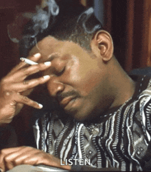 a man smoking a cigarette with the word listen written below him