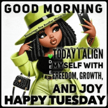 a picture of a girl taking a selfie with the words " good morning today i align myself with freedom growth and joy "