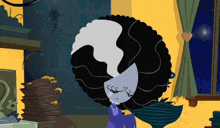 a cartoon drawing of a woman with a huge afro and a stack of cookies in the background