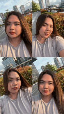 a woman takes a selfie in front of a city