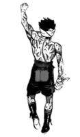 a black and white drawing of a man with tattoos on his back