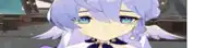 a close up of a cartoon character with purple hair and blue eyes
