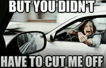 a woman is driving a car with the words `` but you didn 't have to cut me off '' written on the side .