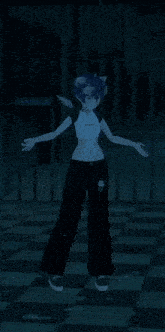 a cartoon character is dancing in a dark room with a checkered floor