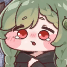 a girl with green hair and red eyes is wearing a black hoodie and making a sad face .